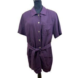 Amanda Smith Purple Linen Button-Down Short Sleeve Shirt With Tie Waist Size 14